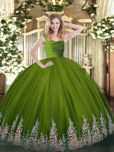 Ball Gowns Sweet 16 Dresses Olive Green Straps Tulle Sleeveless Floor Length Zipper