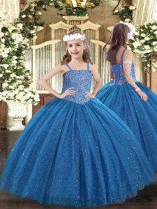 Blue Sleeveless Floor Length Beading Lace Up Little Girl Pageant Gowns