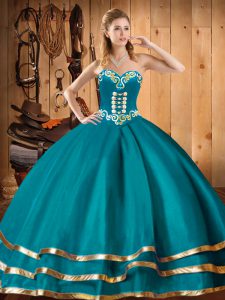 Teal Ball Gowns Sweetheart Sleeveless Organza Floor Length Lace Up Embroidery Sweet 16 Dress