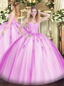 Luxurious Sleeveless Tulle Floor Length Lace Up Quinceanera Gown in Lilac with Beading and Appliques