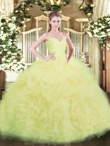 Light Yellow Ball Gowns Beading and Ruffles Ball Gown Prom Dress Lace Up Organza Sleeveless Floor Length