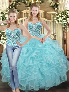 Baby Blue Lace Up Sweetheart Beading and Ruffles Quinceanera Dress Tulle Sleeveless