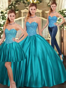 Traditional Sleeveless Floor Length Beading Lace Up Quinceanera Gown with Teal