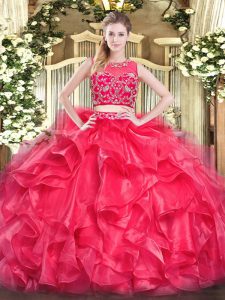 Red Sleeveless Floor Length Beading and Ruffles Zipper Sweet 16 Dress