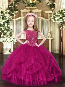 Modern Fuchsia Sleeveless Floor Length Beading and Ruffles Zipper Little Girls Pageant Dress Wholesale