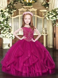Modern Fuchsia Sleeveless Floor Length Beading and Ruffles Zipper Little Girls Pageant Dress Wholesale