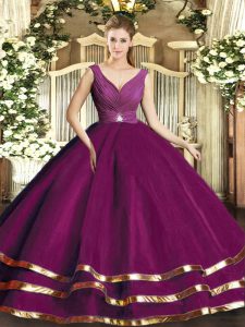 Smart Tulle V-neck Sleeveless Backless Beading and Ruffled Layers and Ruching Vestidos de Quinceanera in Fuchsia