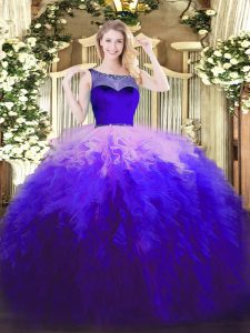 Superior Scoop Sleeveless Sweet 16 Dress Floor Length Beading and Ruffles Multi-color Tulle