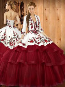 Wine Red Lace Up Sweetheart Embroidery Sweet 16 Quinceanera Dress Organza Sleeveless Sweep Train