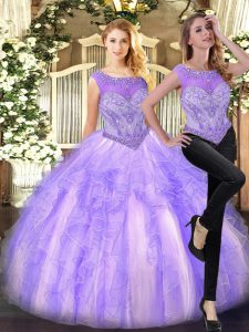 Unique Lilac Vestidos de Quinceanera Military Ball and Sweet 16 and Quinceanera with Beading and Ruffles Scoop Sleeveless Zipper
