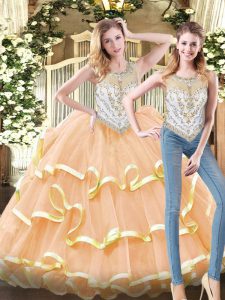 Sleeveless Floor Length Beading and Ruffled Layers Zipper Quinceanera Gowns with Peach