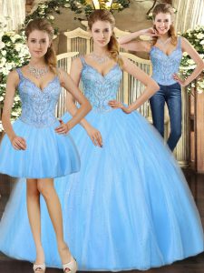 Chic Baby Blue Lace Up Straps Beading Ball Gown Prom Dress Tulle Sleeveless