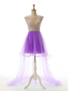 Free and Easy Eggplant Purple Sleeveless Appliques High Low Prom Evening Gown