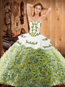 Dynamic Multi-color Sleeveless Satin and Fabric With Rolling Flowers Sweep Train Lace Up Vestidos de Quinceanera for Military Ball and Sweet 16 and Quinceanera