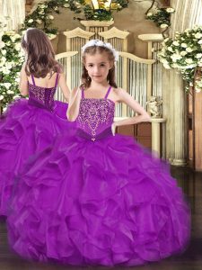 Superior Fuchsia Ball Gowns Organza Straps Sleeveless Beading and Ruffles Floor Length Lace Up Evening Gowns