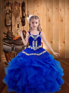 Royal Blue Straps Neckline Embroidery and Ruffles Child Pageant Dress Sleeveless Lace Up