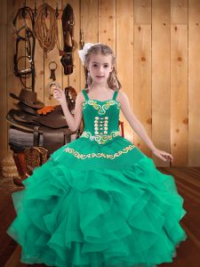 Lovely Turquoise Sleeveless Embroidery and Ruffles Floor Length Little Girls Pageant Dress Wholesale