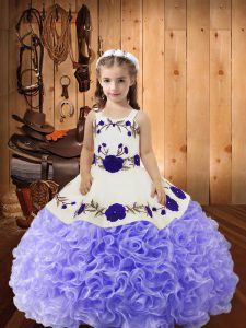 Lavender Ball Gowns Fabric With Rolling Flowers Straps Sleeveless Embroidery and Ruffles Floor Length Lace Up Pageant Dress for Teens