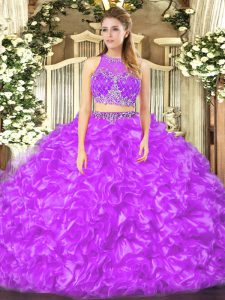 Superior Sleeveless Organza Floor Length Zipper Quinceanera Dress in Lilac with Beading and Ruffles