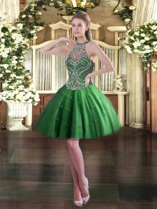 Green Prom Gown Prom and Party with Beading Halter Top Sleeveless Lace Up