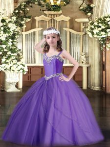 Lavender Tulle Lace Up Straps Sleeveless Little Girls Pageant Dress Sweep Train Beading