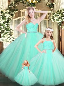 Exquisite Sleeveless Organza Floor Length Lace Up 15th Birthday Dress in Apple Green with Beading and Lace