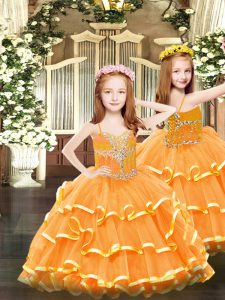 Stylish Orange Ball Gowns Organza Spaghetti Straps Sleeveless Beading and Ruffled Layers Floor Length Lace Up Pageant Dress Toddler