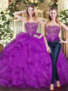 Fantastic Sleeveless Floor Length Beading and Ruffles Lace Up Quince Ball Gowns with Purple
