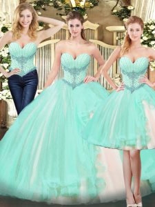 Apple Green Lace Up Sweetheart Beading and Ruffles Sweet 16 Quinceanera Dress Organza Sleeveless