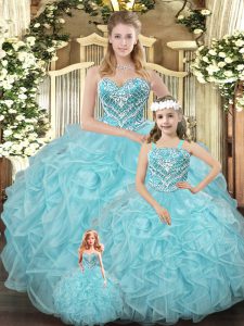 Aqua Blue Ball Gowns Organza Sweetheart Sleeveless Beading and Ruffles Floor Length Lace Up Sweet 16 Dress