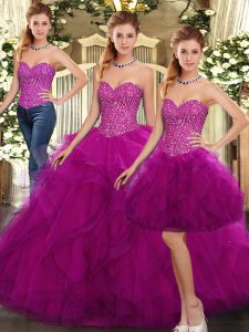 Luxury Fuchsia Lace Up Sweetheart Beading and Ruffles Sweet 16 Dress Organza Sleeveless