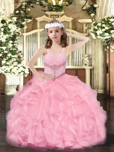 Floor Length Zipper Pageant Gowns For Girls Rose Pink for Party and Quinceanera with Beading and Ruffles
