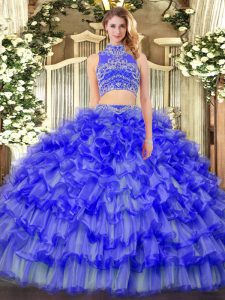 Shining Beading and Ruffled Layers Sweet 16 Quinceanera Dress Blue Backless Sleeveless Floor Length