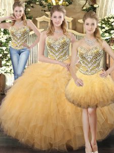Noble Champagne Lace Up Sweetheart Beading and Ruffles Quinceanera Dresses Tulle Sleeveless