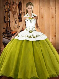 Halter Top Sleeveless Quinceanera Dress Floor Length Embroidery Olive Green Satin and Tulle