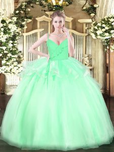 Ball Gowns Sweet 16 Dress Apple Green Spaghetti Straps Organza Sleeveless Floor Length Zipper