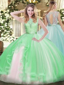 Great Apple Green Organza Backless Quince Ball Gowns Sleeveless Floor Length Lace and Ruffles