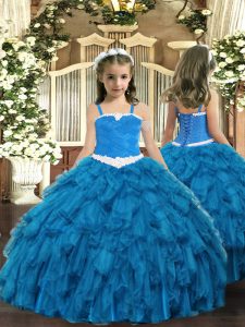 Top Selling Ball Gowns Little Girl Pageant Gowns Blue Straps Organza Sleeveless Floor Length Lace Up