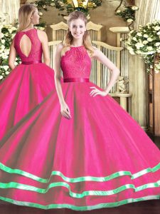 Simple Ball Gowns Ball Gown Prom Dress Hot Pink Scoop Tulle Sleeveless Floor Length Zipper