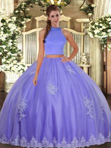 Lavender Sleeveless Floor Length Beading and Appliques Backless Quinceanera Dresses