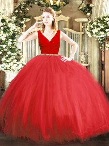 Charming V-neck Sleeveless Quinceanera Dresses Floor Length Beading Red Tulle