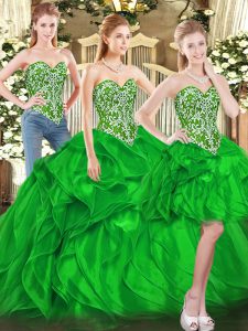 Sleeveless Floor Length Beading and Ruffles Lace Up 15th Birthday Dress with Green