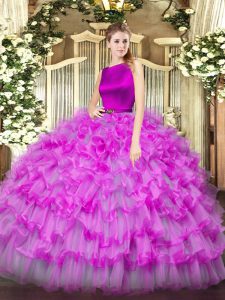 Scoop Sleeveless Ball Gown Prom Dress Floor Length Ruffled Layers Fuchsia Organza