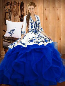 Glorious Sweetheart Sleeveless Quinceanera Dress Floor Length Embroidery Blue Satin and Organza