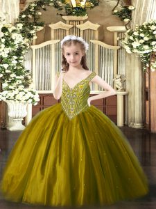 Brown Sleeveless Tulle Lace Up Little Girl Pageant Gowns for Party and Quinceanera