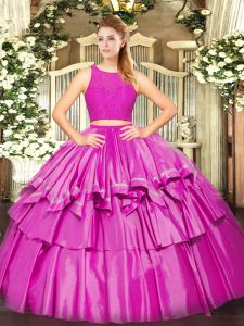 Fancy Tulle Scoop Sleeveless Zipper Ruffled Layers Quinceanera Gown in Fuchsia