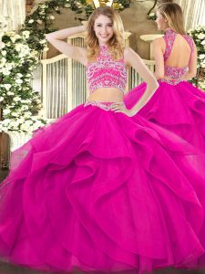 Excellent Sleeveless Tulle Floor Length Backless Quinceanera Gown in Fuchsia with Beading and Ruffles