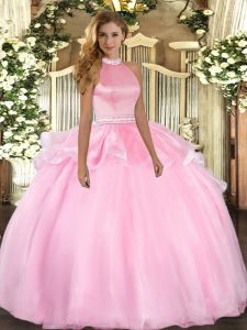 Sleeveless Floor Length Beading and Ruffles Backless Quinceanera Dresses with Pink