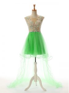 Trendy Green Tulle Backless Prom Evening Gown Sleeveless High Low Appliques