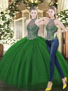 Ideal Beading Sweet 16 Dresses Dark Green Lace Up Sleeveless Floor Length